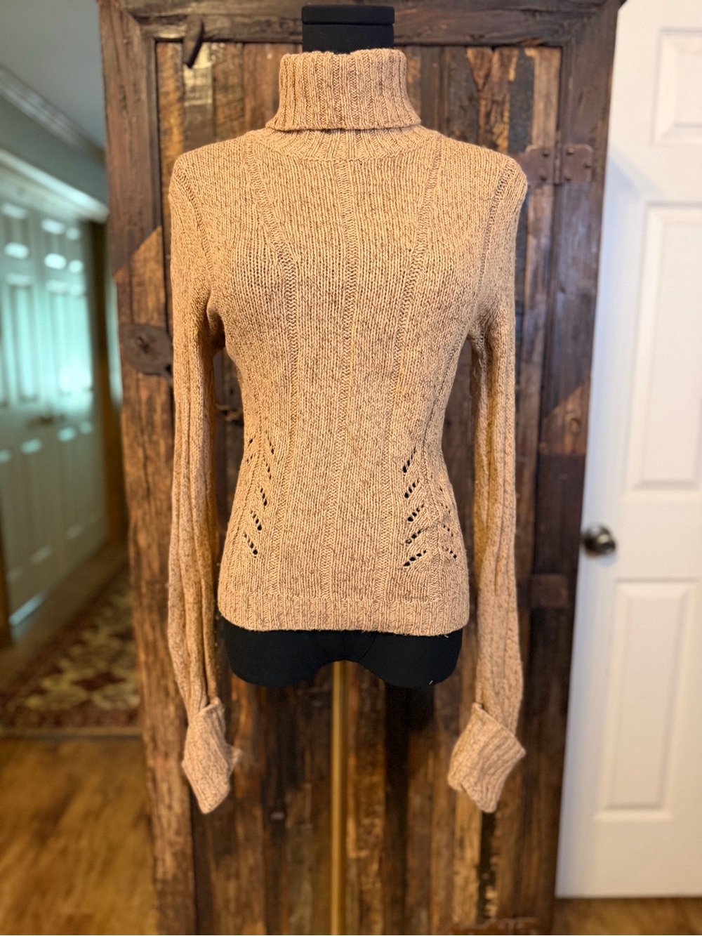Vtg Express Y2K Wool Angora Turtleneck Sweater M Tan Fitted Pointelle Cuffs